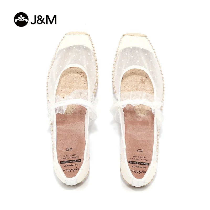 J&M Women Espadrilles Ballet Flats White Lace Slip-on Shoes Casual Mesh Breathable Sneakers Zapatillas Mujer Sapatos Rubber Hemp