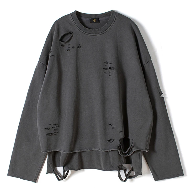 

Хлопковый Модный пуловер оверсайз свободного кроя, винтажный свитшот с дырками в уличном стиле, Осенние Топы с вырезами, свитшоты