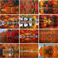 gatyztory diy pictures by number reflection of trees in autumn painting by numbers kits drawing on canvas handpainted home deco