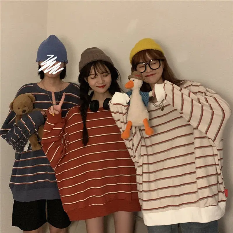 

Women No Hat Hoodies Baggy Striped Thin Autumn Ulzzang Sweet Harajuku Streetwear Casual Simple All-match Womens Chic Fashion