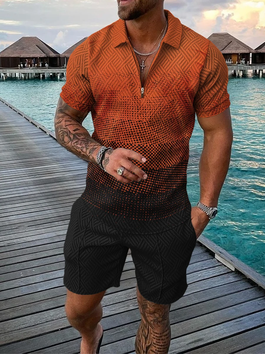 Men's Sports Jogging Suit Short Sleeve PoLo Shirt 2-Piece Set 2023 Summer Men's Solid Color PoLo Shirt Hawaii Seaside Resort Set