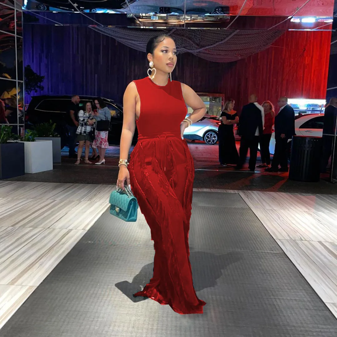 

New Fashion Tassel Fringe Wide Leg Pants Hight Waist Elastic Waist Red Trousers Split Loose Streetwear Spring 2022
