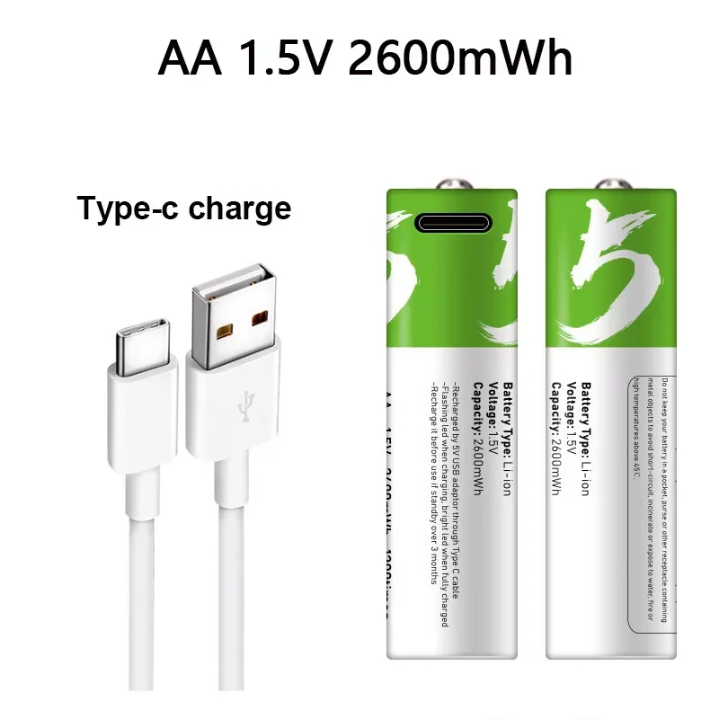 

NEW2023 USB AA Rechargeable Batteries 1.5V 2600 mWh Lithium polymer battery for Combination door lock, remote control, mouse