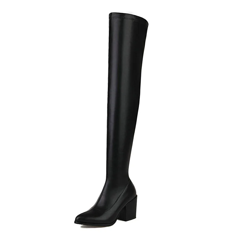 2022 Women Over the Knee Boots Fashion Pointed Toe Square High Heel Ladies Thigh Boots PU Leather Side Zipper Party Women's Boot