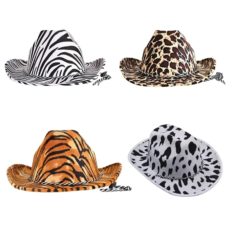 Cowboy Hats Summer Sunhat Western Cowgirl Hat with Animal Print Adult Size Rave Cow Girl Hat for Men Women 4 Styles