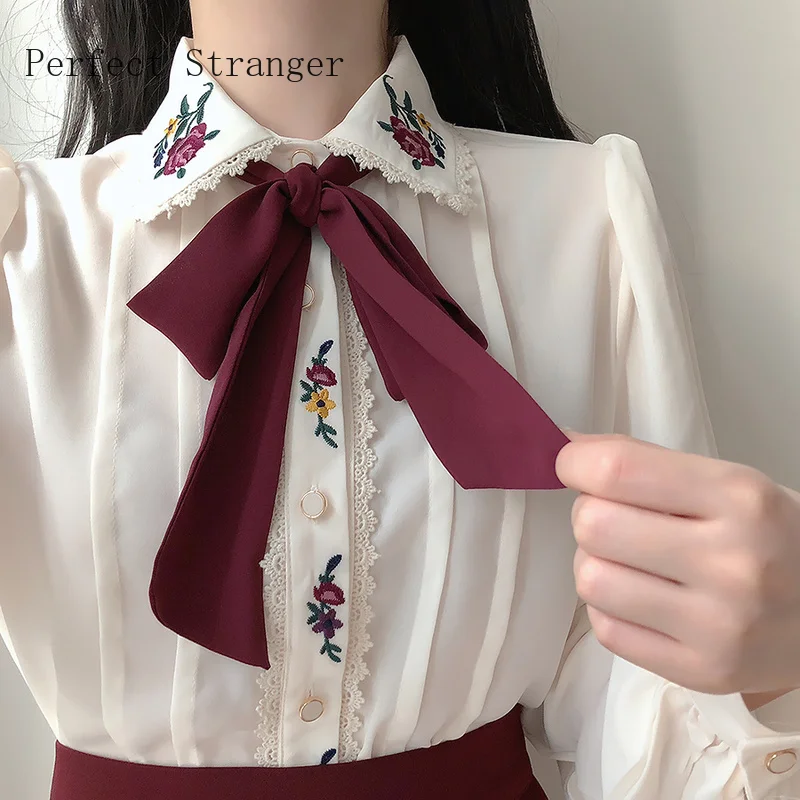 

Korean Chic Spring Autumn Women Gorgeous Blouse Turn-Down Collar Floral Embroidery Chiffon Blusas Vintage Elegant Bow Lady Shirt