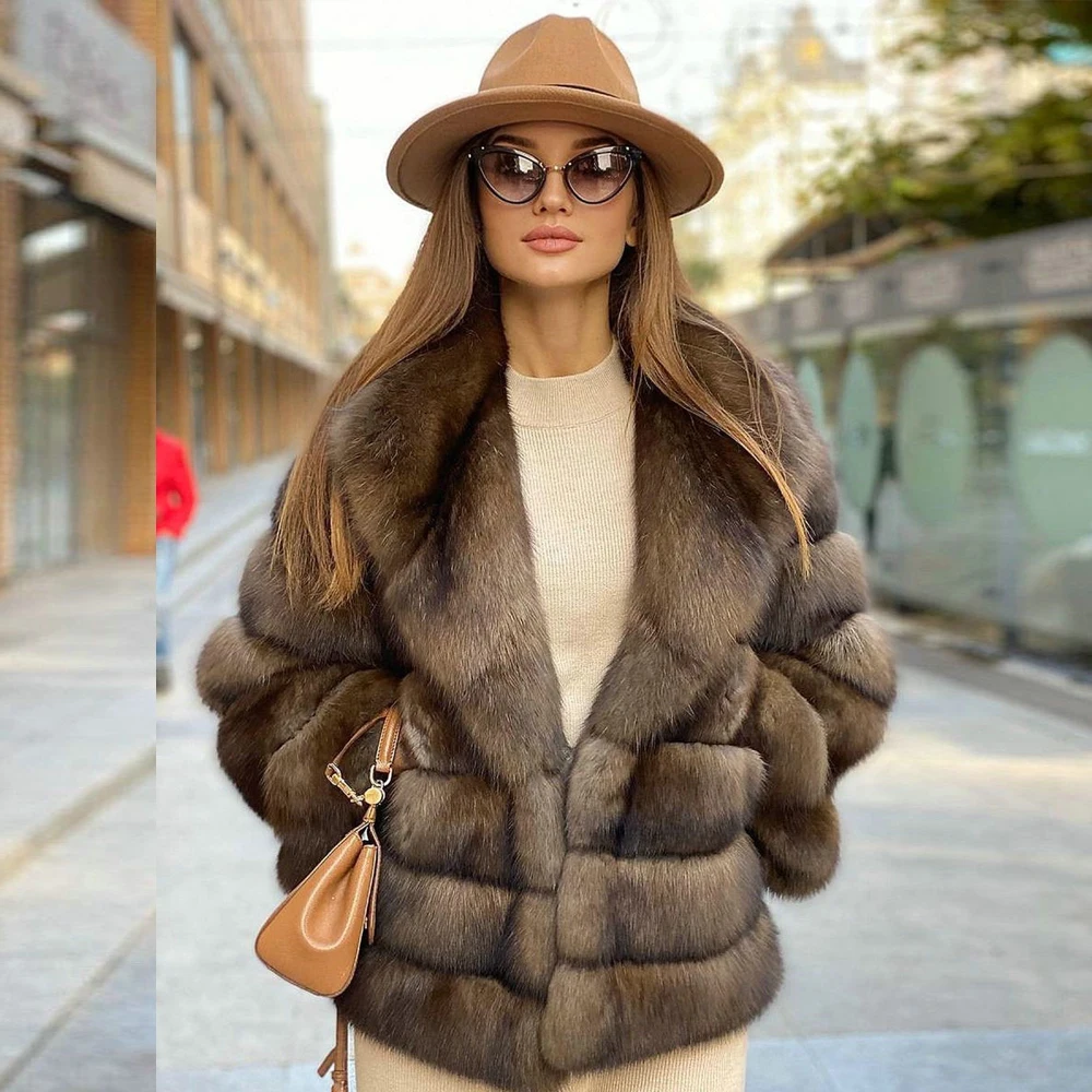 Woman Light Sable Color Natural Fox Fur Jacket Winter New Whole Skin Genuine Fox Fur Coats Mid-length Casual Fur Overcoats
