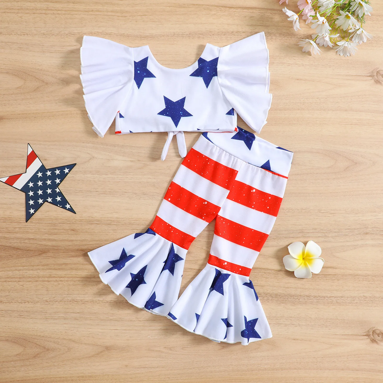 

Independence Days Outfits 1-5Y Kids Girls Clothes Sets Ruffles Fly Sleeve Stars Striped Print Tops Flare Pants Summer Outfits
