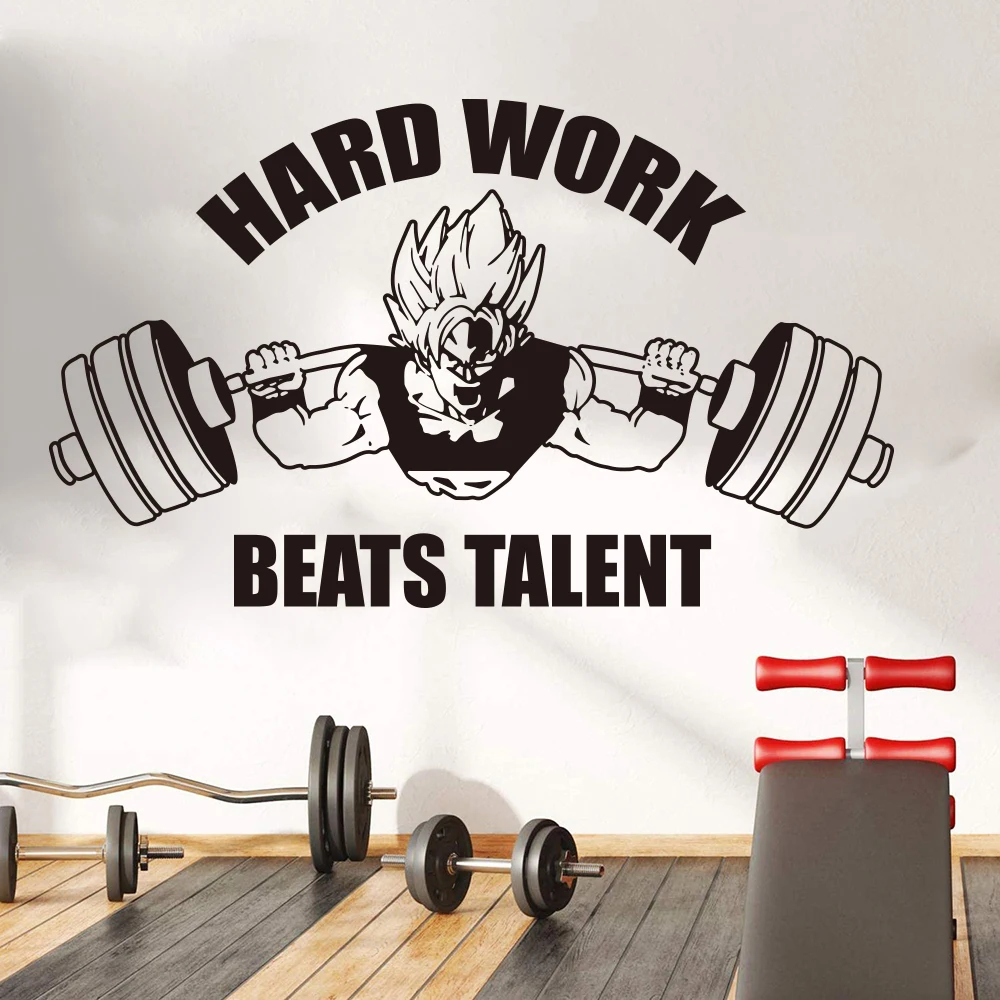 Gym Anime Goku Squat Wall Sticker Fitness Bodybuilding Hard Work Beats Talent Inspirational Quote Saiya Wall Decal Vinyl Home