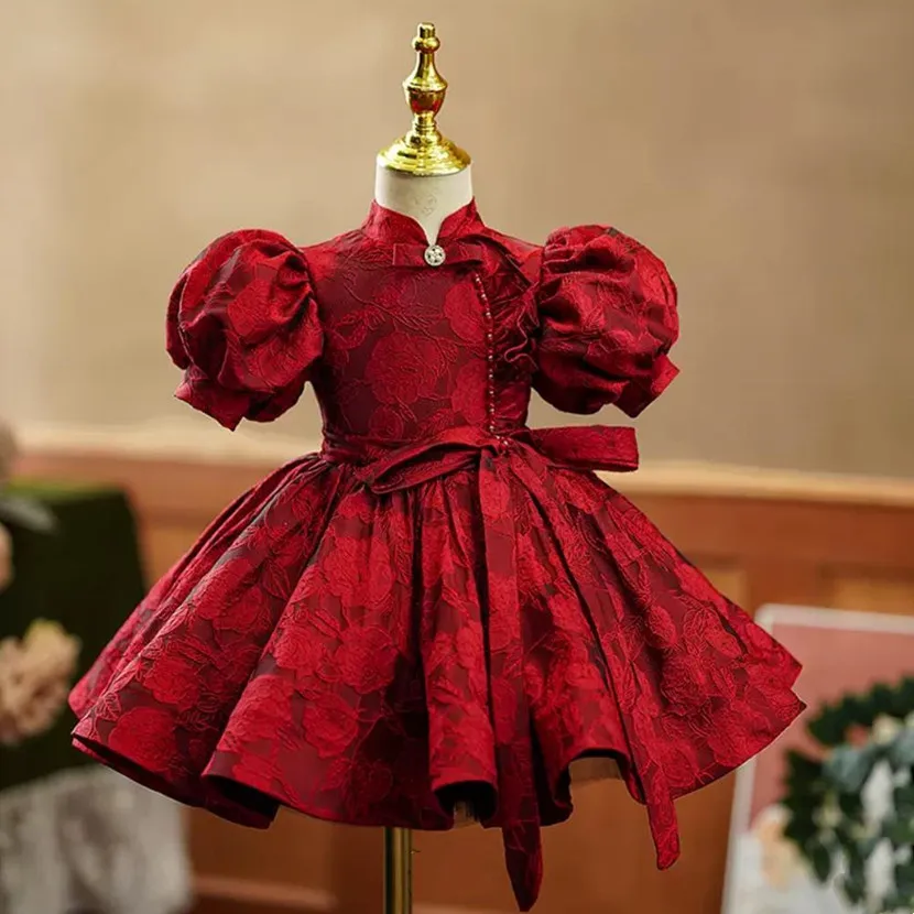 2022 New Children's Evening Gown Bow Design Spanish Vintage Girls Birthday Baptism Party Christmas Red Dresses For Eid A2051