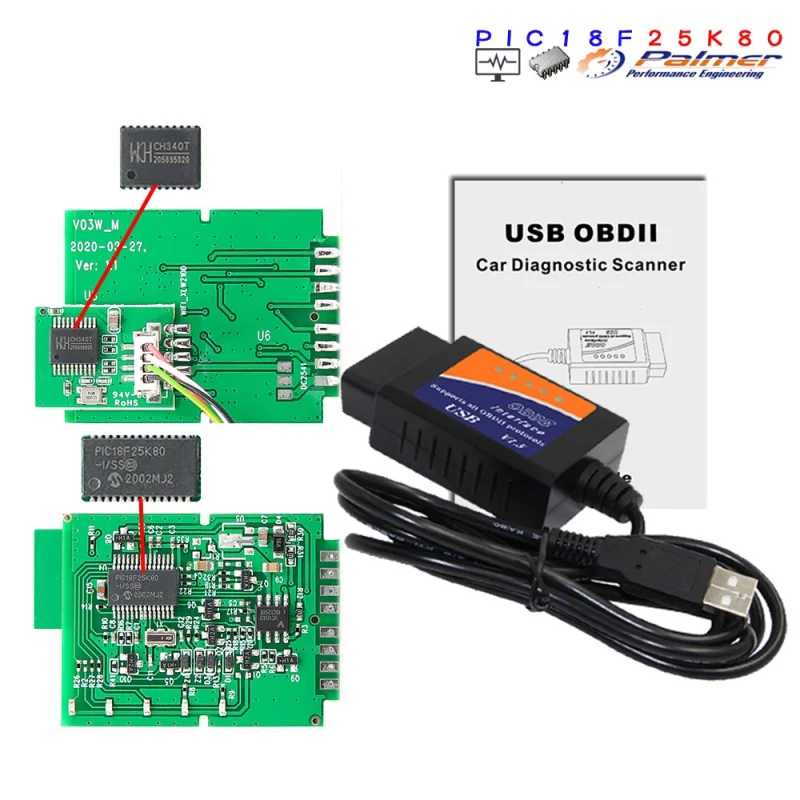 

OBD2 Usb 327 с чипом PIC18 F25 K80 CH340T, автомобильное диагностическое оборудование, поддержка ПК