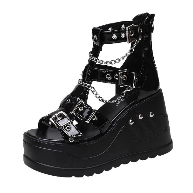 

2022 Punk 10cm Platform Sandals Wedge Shoes Leather Women Summer Gladiator Rome Style High Heels Pump Women Summer Shoes