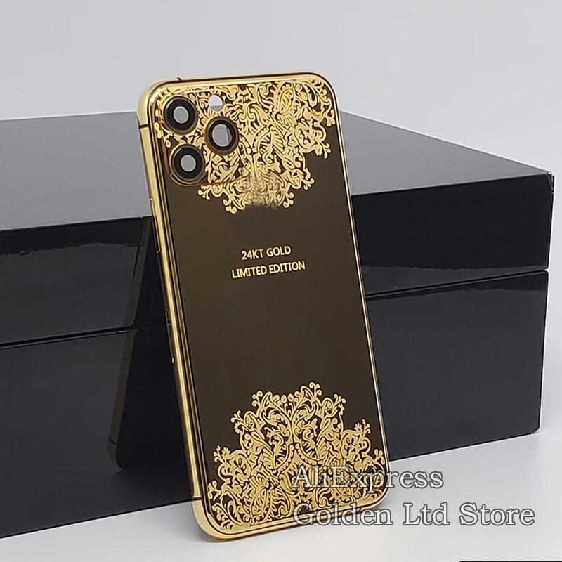 24K Gold Back Housing iphone 14pro Max 13Pro 12Pro max  11Pro Max plated gold pattern limited edition medium frame with Logo
