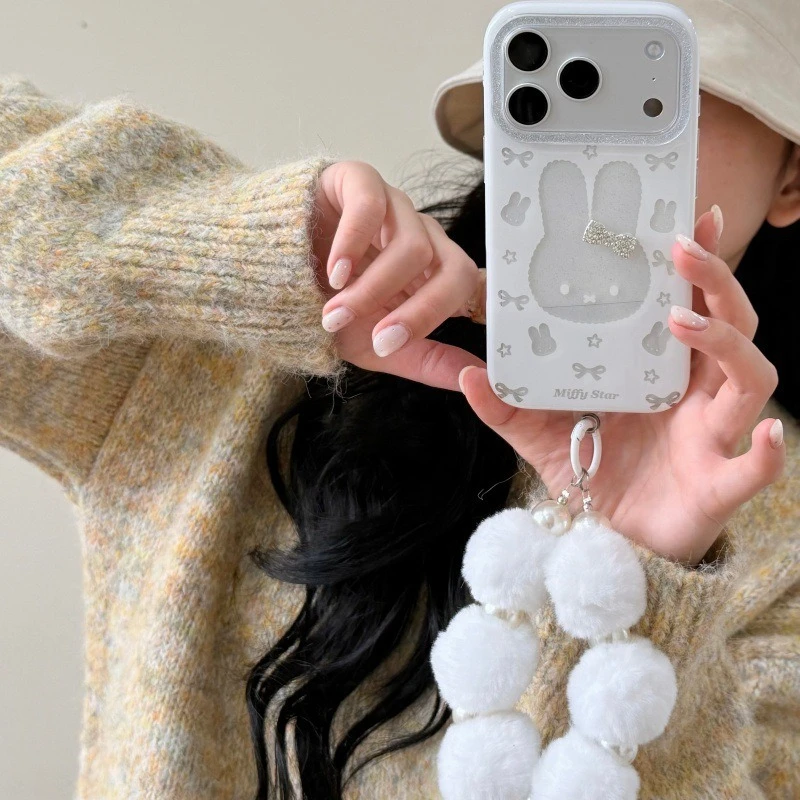 Фото Милый чехол Kawaii Miffy для iPhone 17/16 Pro Max 15/14 Plus 13/12 с блестками, стразами и бантом, противоударный, мягкий, для женщин №5