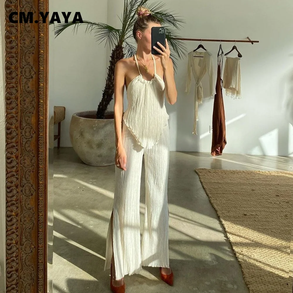 

Женский плиссированный комплект из двух предметов CMYAYA, элегантный укороченный топ на бретелях с разрезом сбоку, расклешенные широкие брюки...