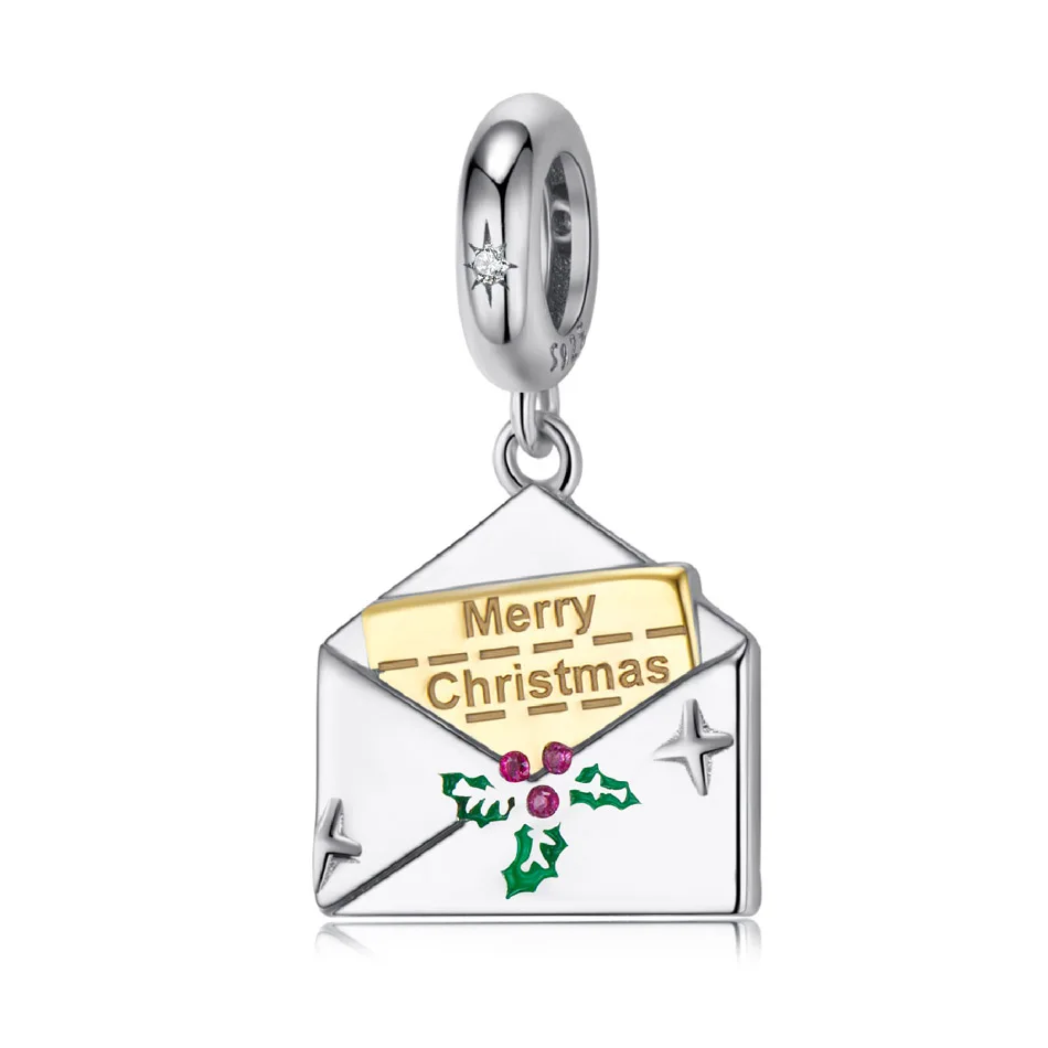 

Merry Christmas Card Letter Dangle Charm fit Women Bracelet Necklace Lady Girl DIY Jewelry Gift S925 Sterling Silver Bead