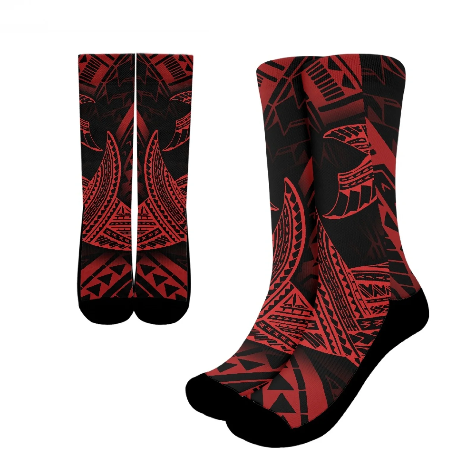 

Polynesian Tribal Pohnpei Totem Tattoo Prints High Quality Keep Warm Polyester Sports Socks Vintage Red Black Two-Tone Crew Sock