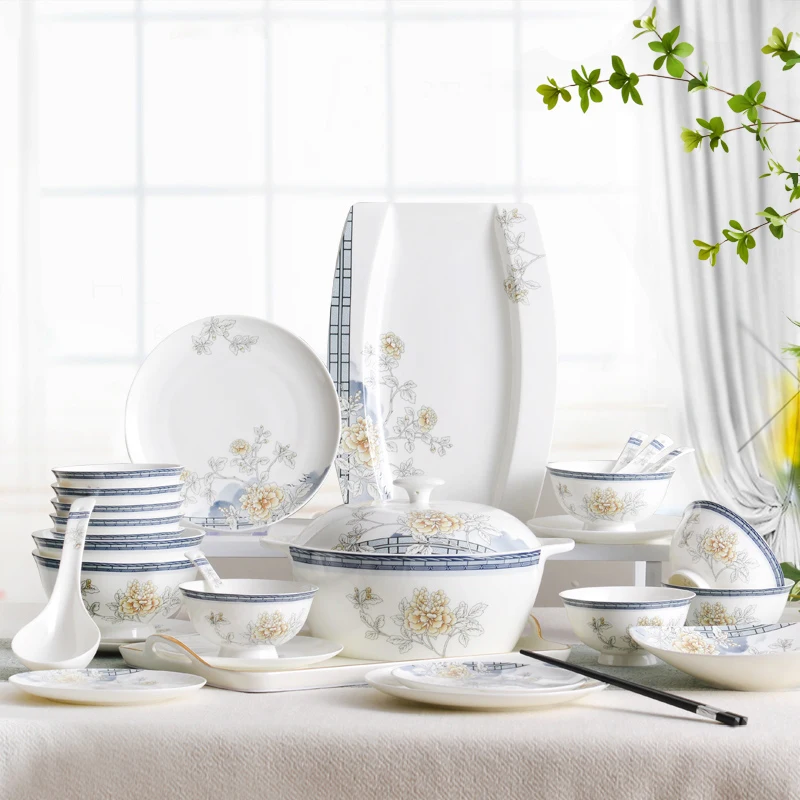 

Набор керамической посуды Цзиндэчжэнь, кухонная посуда, столовая посуда, Керамические Тарелки и блюда, миски, Набор комбинированных тарелок 56 шт.