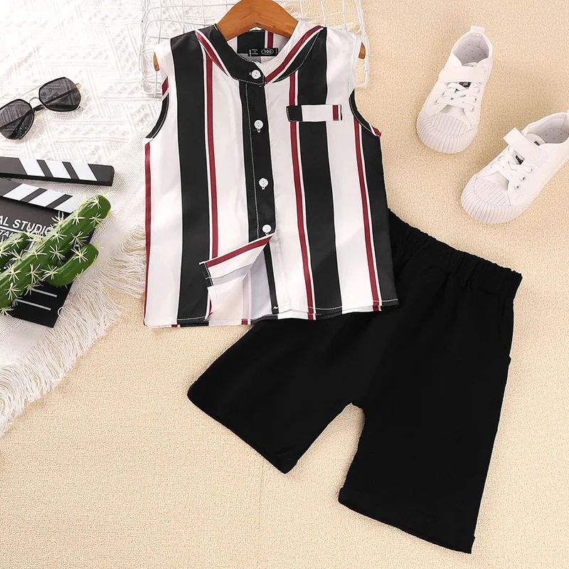 

Новинка 2023, яркие комплекты, однобортные Черные милые комплекты из 2 предметов в полоску с коротким рукавом, Дизайнерские комплекты одежды для девочек