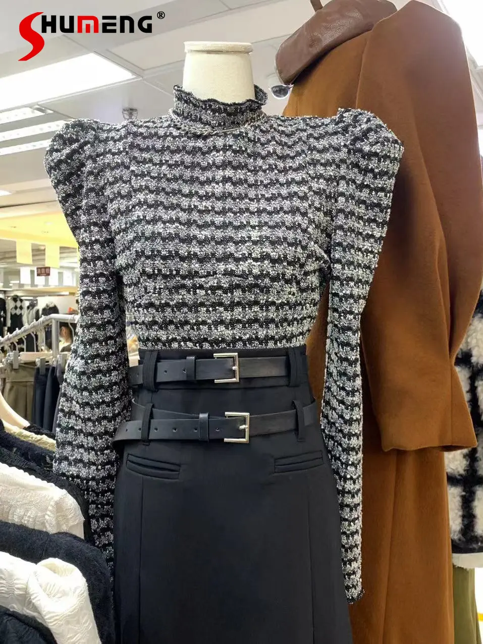 

Korean Retro Turtleneck Puff Sleeve Plaid T-shirt Women Slimming Fashion All-Matching Bottoming Shirt Women Fall Winter Clothes