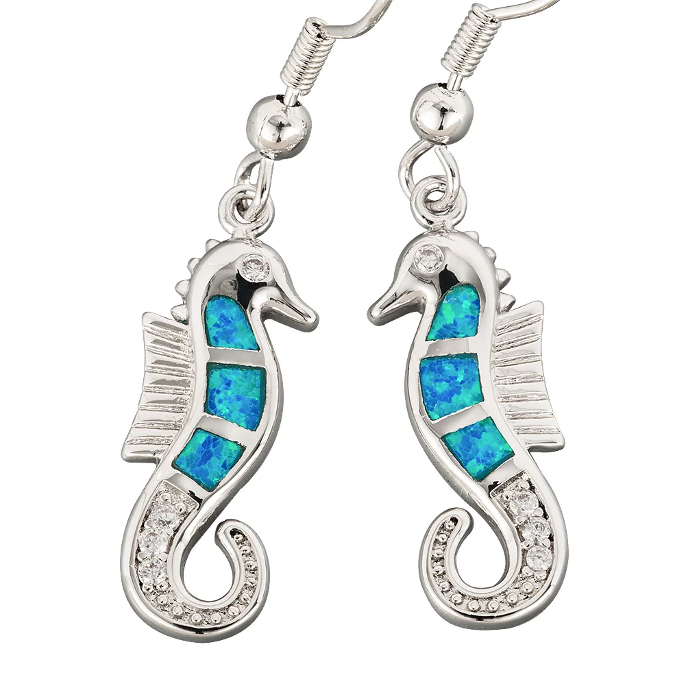 

KONGMOON Seahorse Ocean Blue Fire Opal Silver Plated Jewelry for Women Dangle Drop Earrings