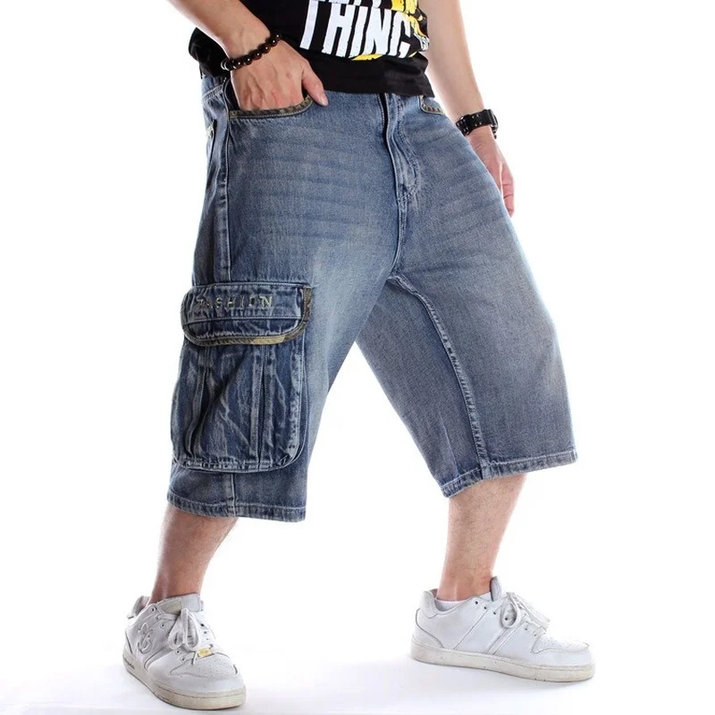 Summer Men's Wide Leg Denim Shorts Loose Straight Skating Pants Multi-pocket Shorts Middle Pants Jeans Plus Size