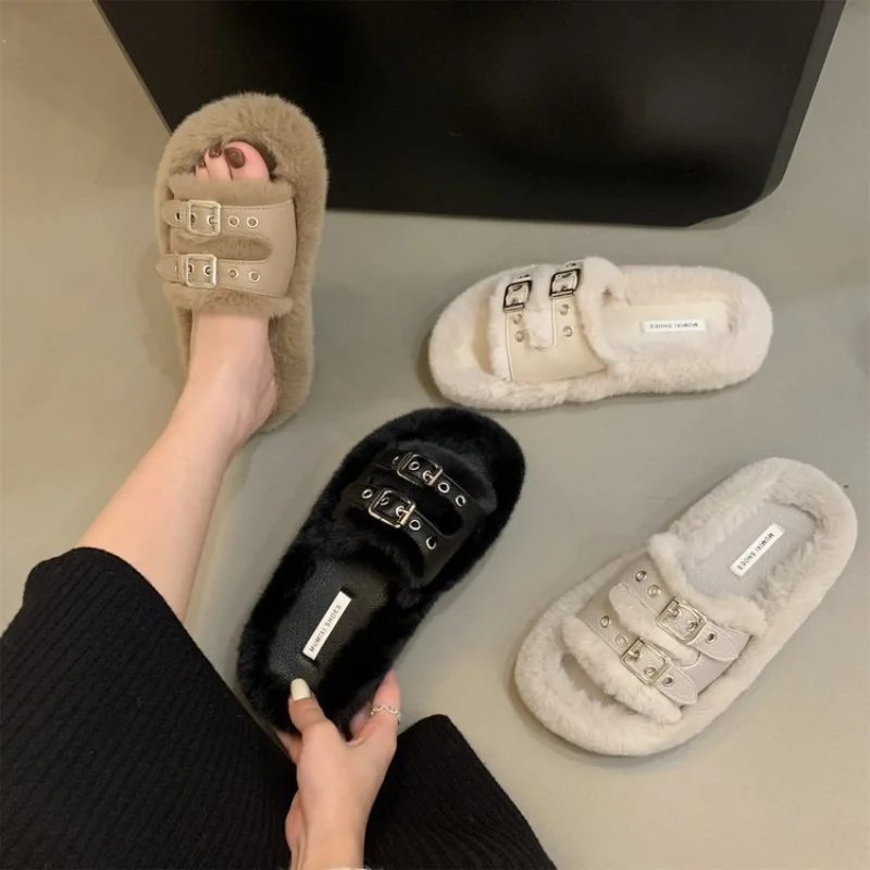 2022 Autumn and Winter New Belt Buckle Thick Bottom Fur Shoes Women's All-Match Fashion One Word Belt Cotton Slippers Women