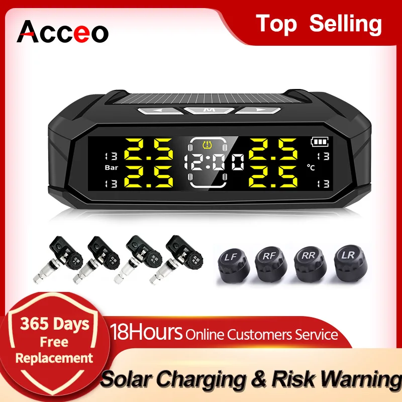 

ACCEO K19 Electronic Clock TPMS Car security Tire Pressure Sensors Solar Power Pressure Monitor Alarm System LCD Screen Display