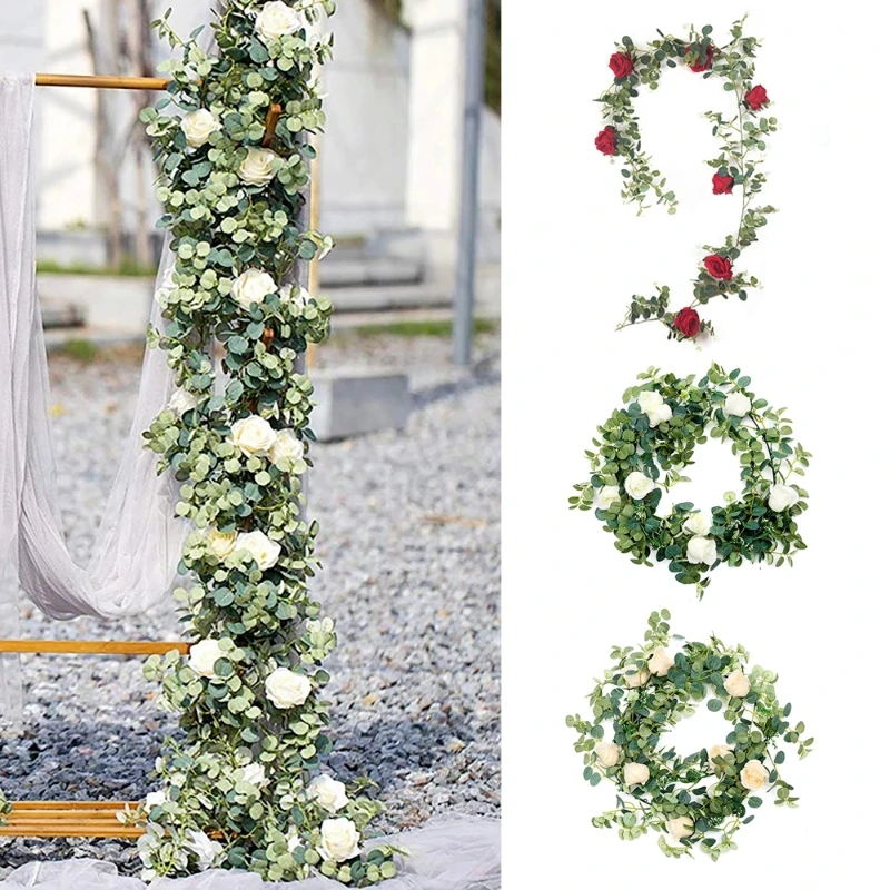 

195cm Artificial Eucalyptus Rose Vine Rattan Wedding Home Decoration Plant Artificial Flower Rattan Wall Hanging Decor Champagne