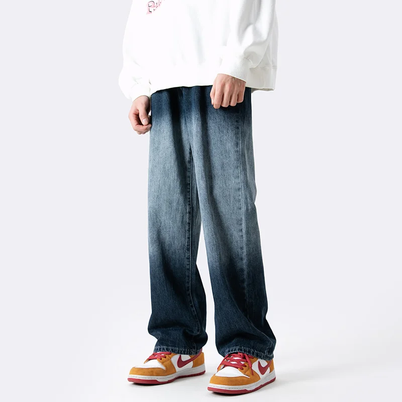 Blue Black Baggy Jeans Men Fashion Retro Gradient Straight Jeans Men Japanese Streetwear Hip-hop Loose Denim Pants Mens Trousers