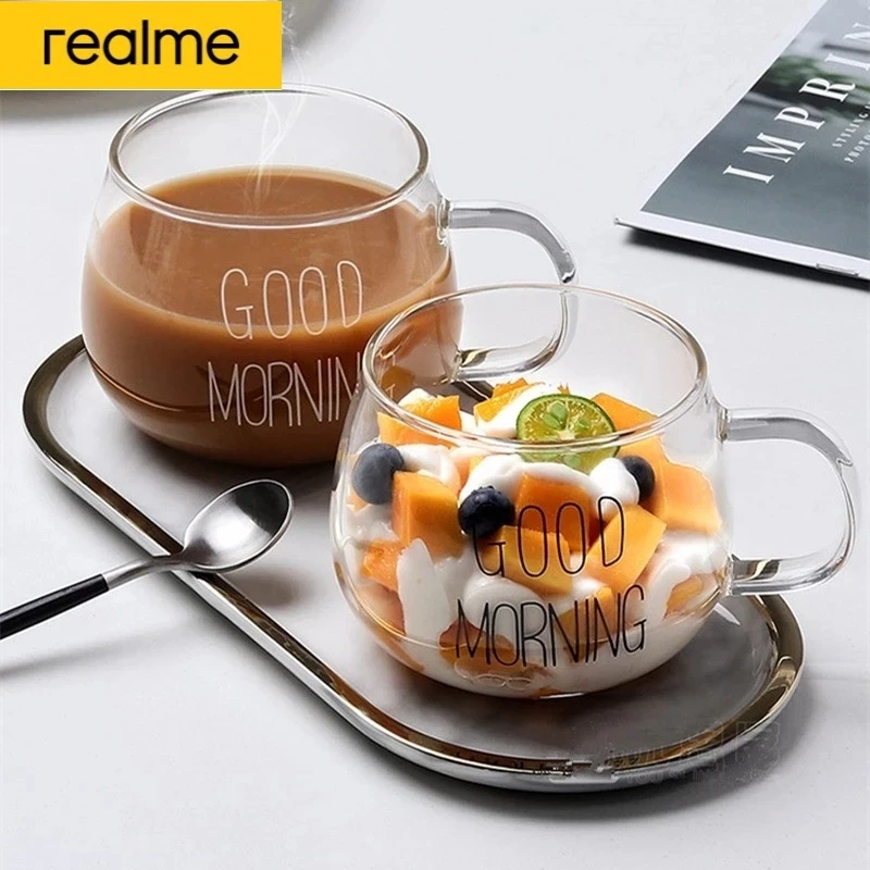 

Realme Letter Glass Cup Creative Coffee Tea Drinks Dessert Breakfast Milk Cup Glass Mugs Handle Drinkware Couple Gifts
