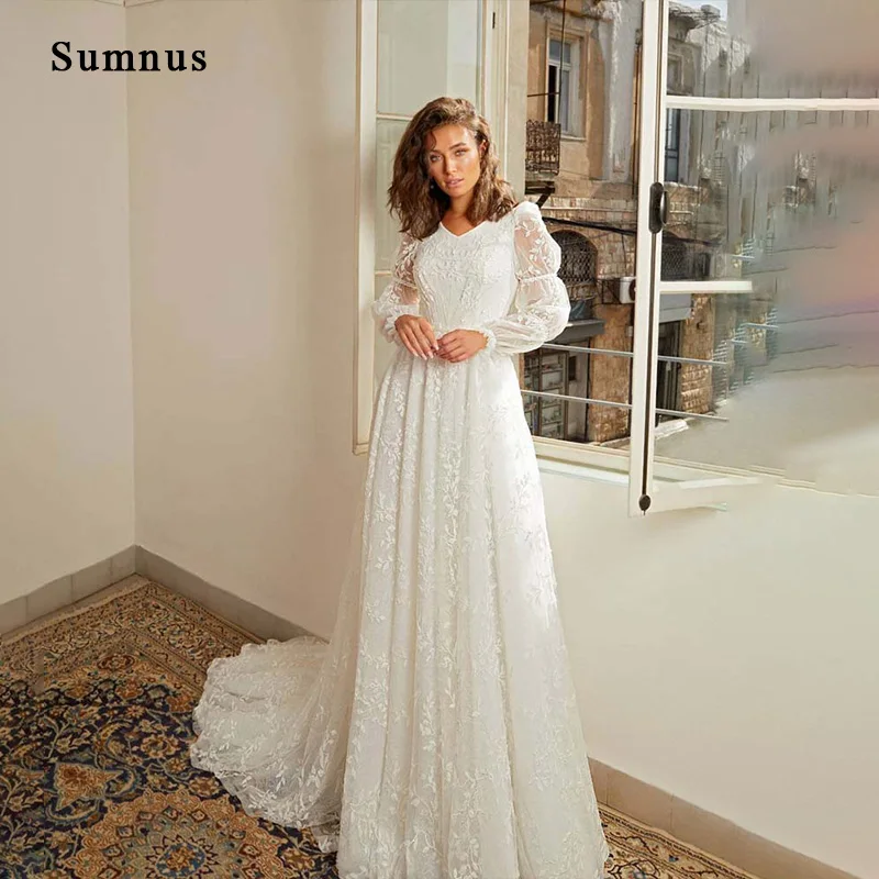 

Boho Appliques Wedding Dress Long Tulle Sleeve V-neck Back Zipper Bridal Gown Vestidos de Novia Plus Size Custom Made Gelinlik