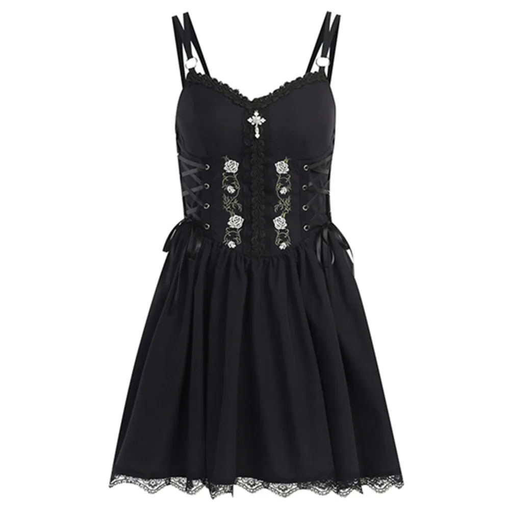 

Vintage Gothic Lolita Dress Women Summer Punk Style Evening Party Dress Spaghetti Strap High Waist Short Black Corset Dress