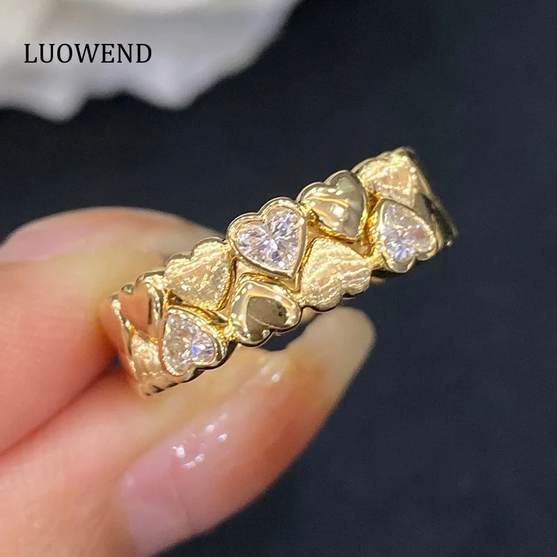 Кольца LUOWEND из 18-каратного желтого золота с натуральными бриллиантами, романтические свадебные кольца в форме сердца с тремя бриллиантами для женщин, обручальные кольца
