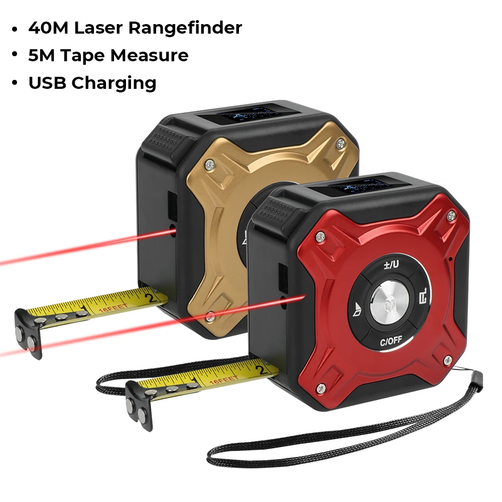 

Measuring Device 5M Tape Measure Backlit LCD Display Distance Meter 2 In 1 USB Charging Portable 40M Laser Rangefinder