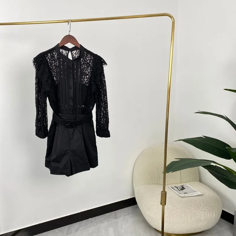 

2021 Summer Hot Sale Women Designer Fashion High Quality Long Sleeve Black Lace Playsuits Short Rompers