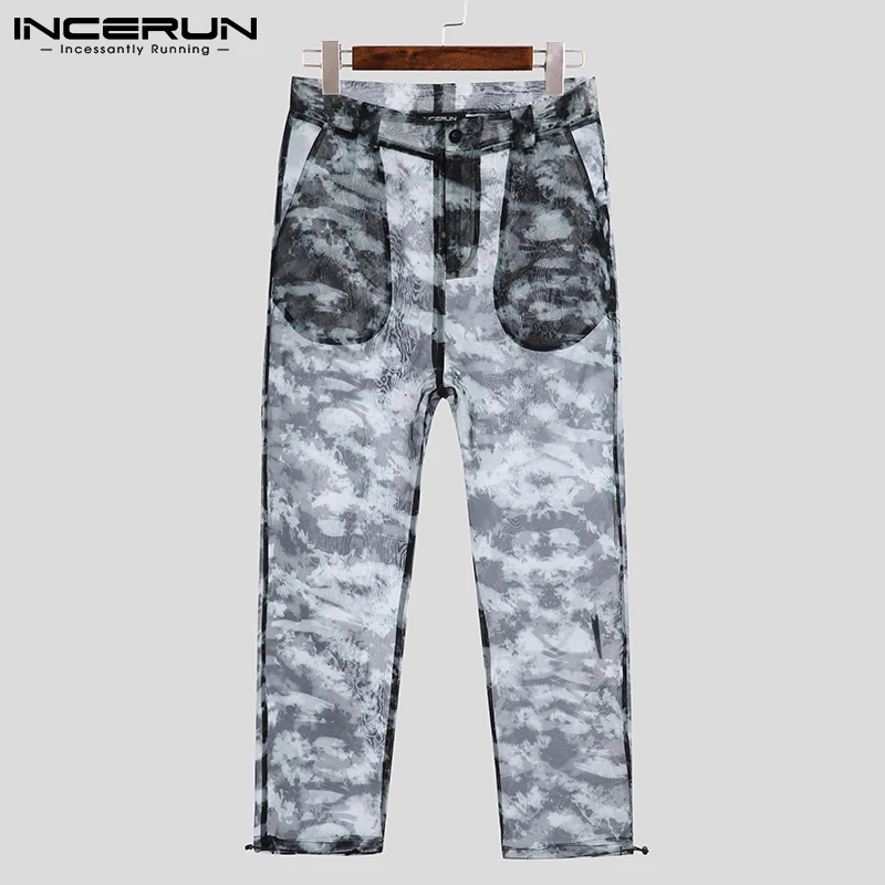 

Men Pants Printed Mesh 2022 See Through Pockets Sexy Straight Trousers Men Breathable Streetwear Vacation Pantalon INCERUN 5XL 7