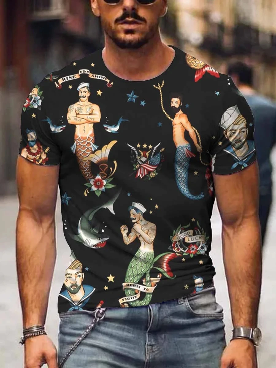

New Men's Hawaiian T-Shirt Mermaid Print Beach Short Sleeve Tops 2023 New Oversized T-Shirt Men's Designer Clothing High Quality