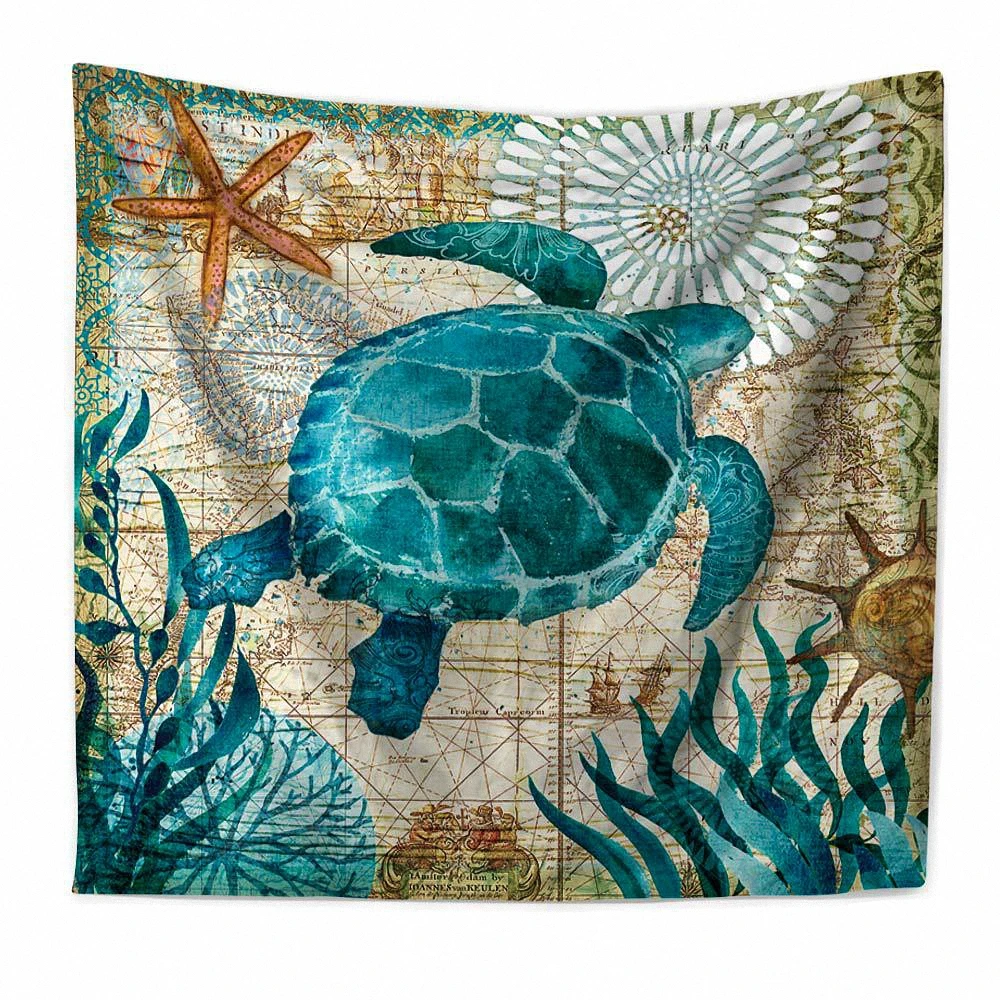 

Vintage Marine life tapestry Poster Decorative Banner Flag Sea turtle sea horse octopus jellyfish whale squid Wall Hanging Cloth