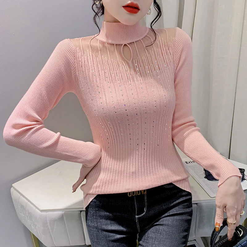 

Свитер с ложным воротником, сетчатые ажурные сексуальные Пуловеры, свитеры с длинным рукавом в стиле пэчворк, осенне-зимние эластичные вязаные топы со стразами