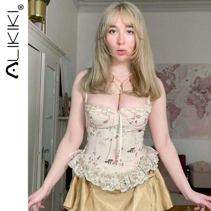 

Y2K Lace Ruffles Corset Top Lace Up Vintage Fairycore Sweet Cute Crop Top Floral Summer Party Holiday Mini Vest Women