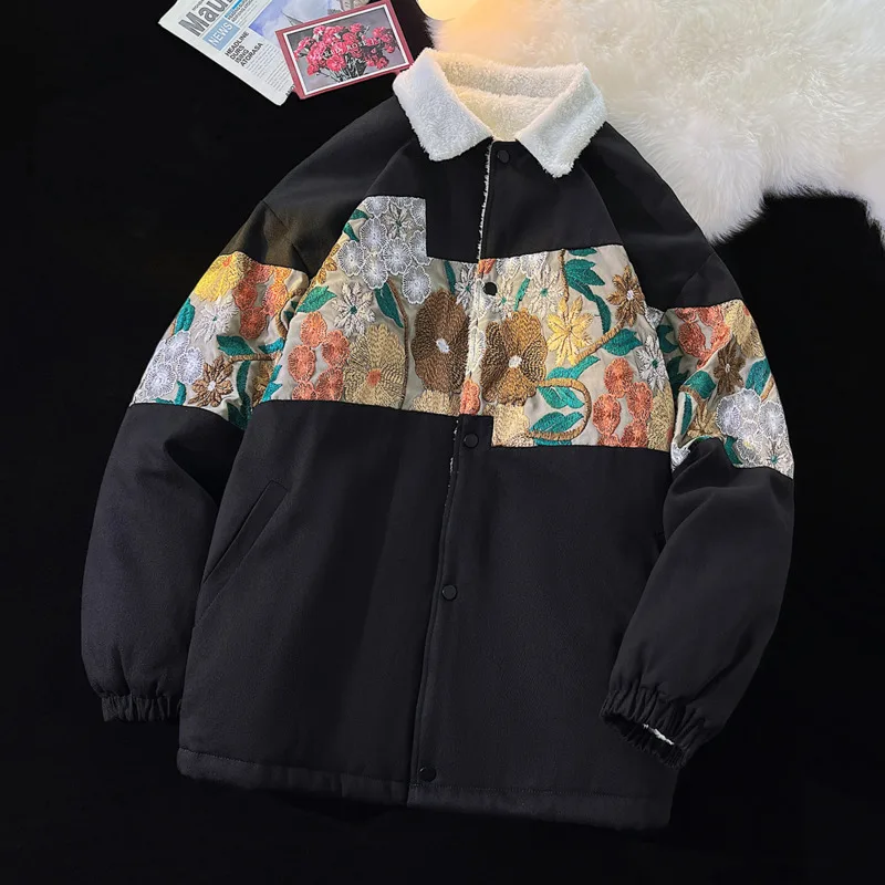 Winter Jacket Men Warm Fashion Thicken Embroidery Jacket Men Japanese Streetwear Loose Plush Thick Short Coat Mens Large Size