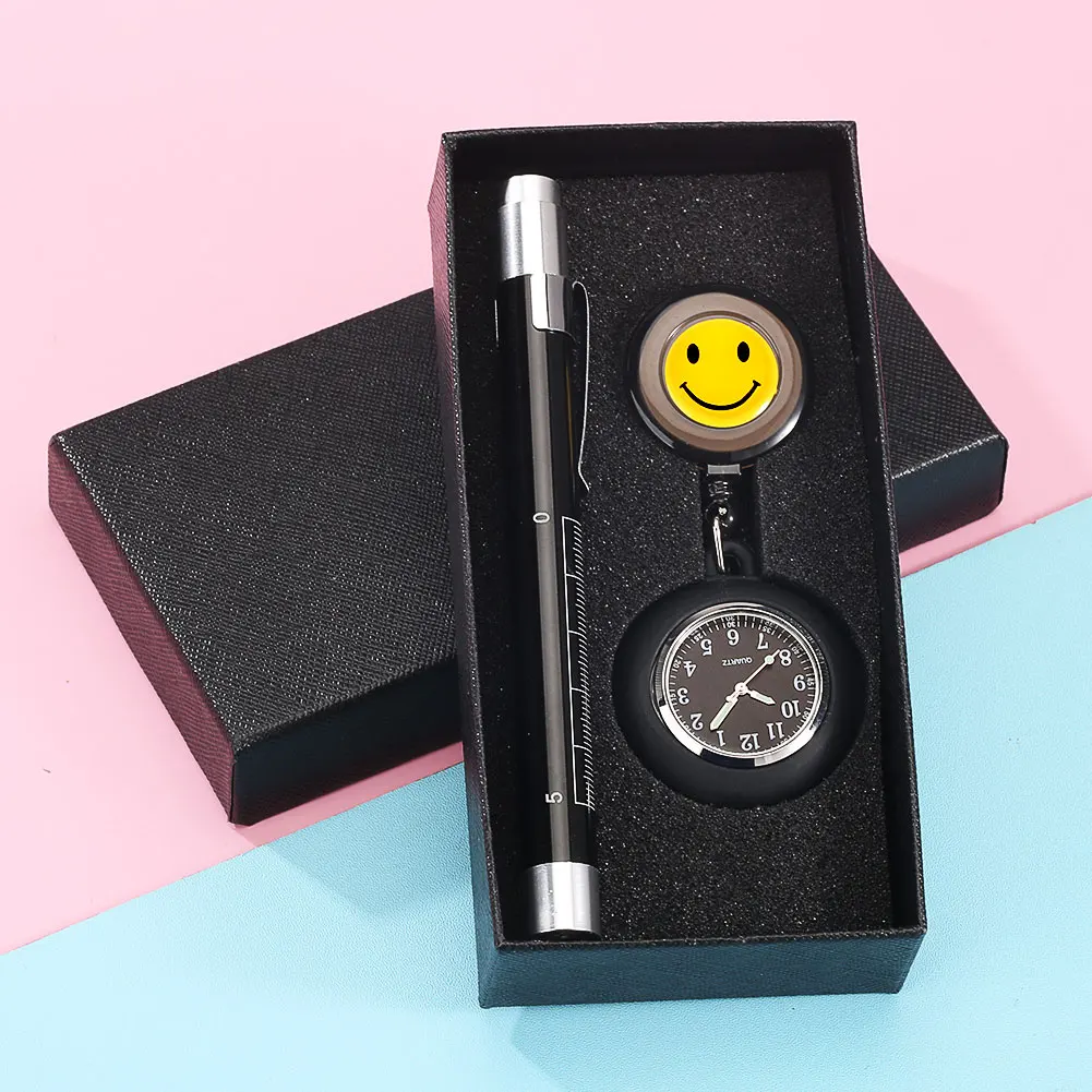 Nurse Watch 2PCS Luxury Gift Set Cute Smiling Clip-on Brooch Hanging Pocket Watch Led Medical Flashlight Pen for Doctor Nurse