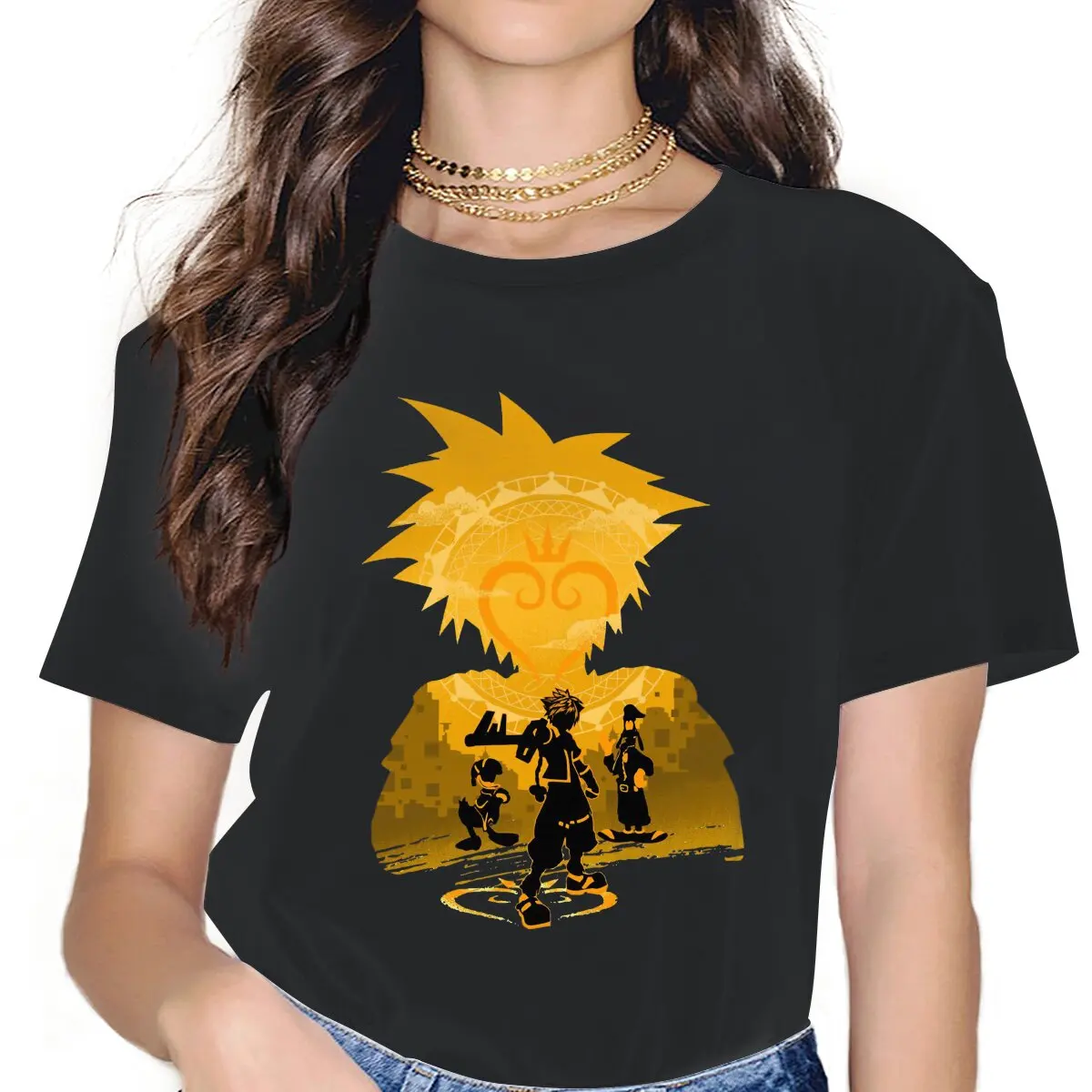 

Женские футболки Keyblade Sora с силуэтом, винтажная свободная хлопковая одежда с принтом Kingdom Hearts, Game Grunge, с коротким рукавом и графическим принтом