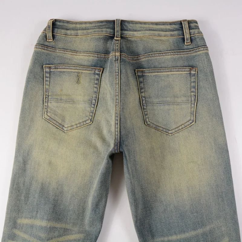 Men's Light Blue Slim Fit Steetwear Style Red Bandana Patchwork Skinny Stretch High Street Distressed Ripped Jeans