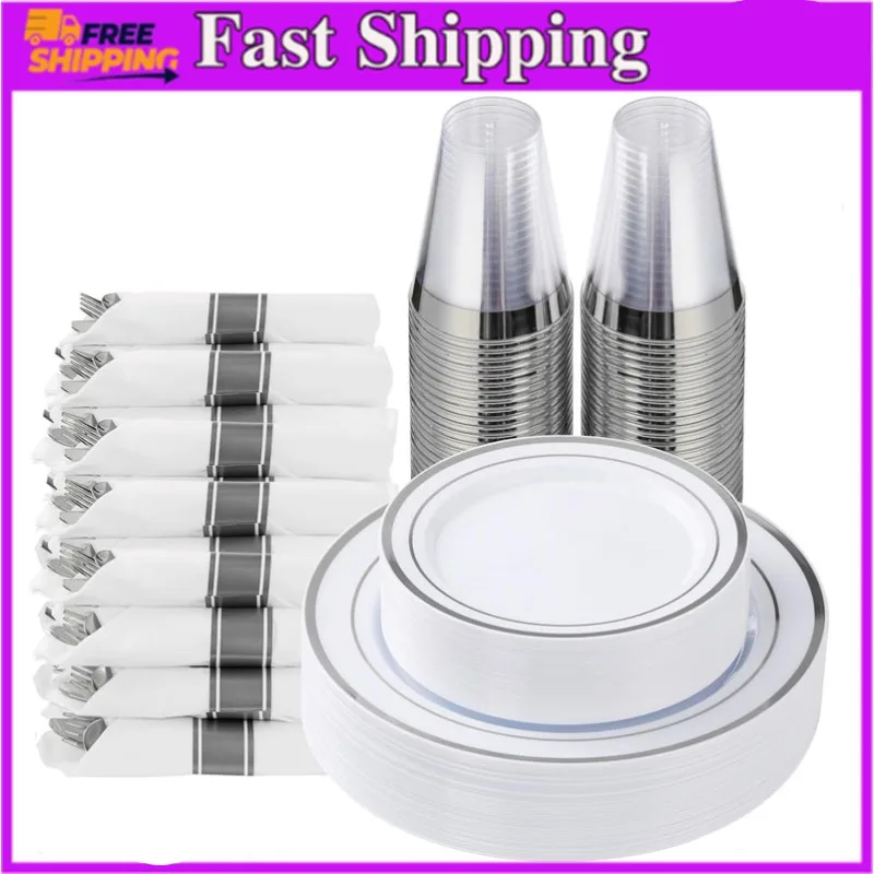 

175 Piece Silver Plastic Dinnerware Set for 25 Guests, Fancy Disposable Plates for Party,