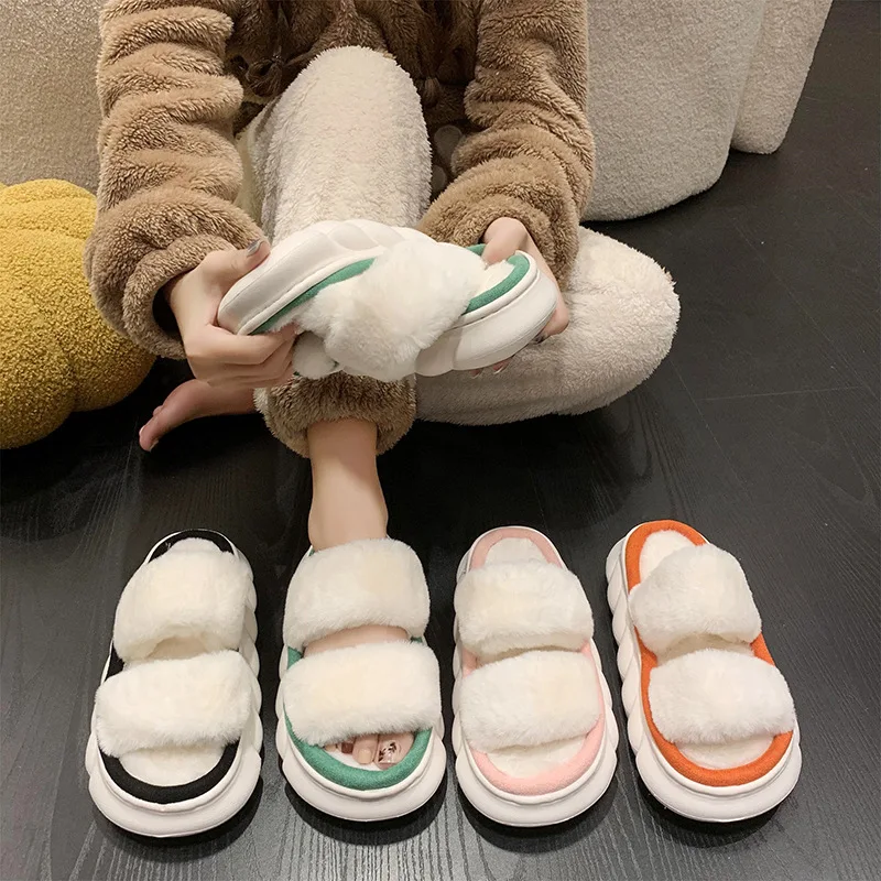 

Fluffy Slippers Women's Autumn and Winter New Fashion Outer Wear Two-character Flat-bottomed Warm Thick-soled Open-toed Slippers