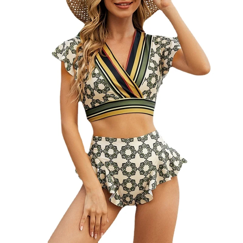 

High Waist Ruffled Sexy Bikini Set Flounce Bikini Swimwear Women Two Pieces Swimsuit Floral Beachwear V-Neck Bathing Suit