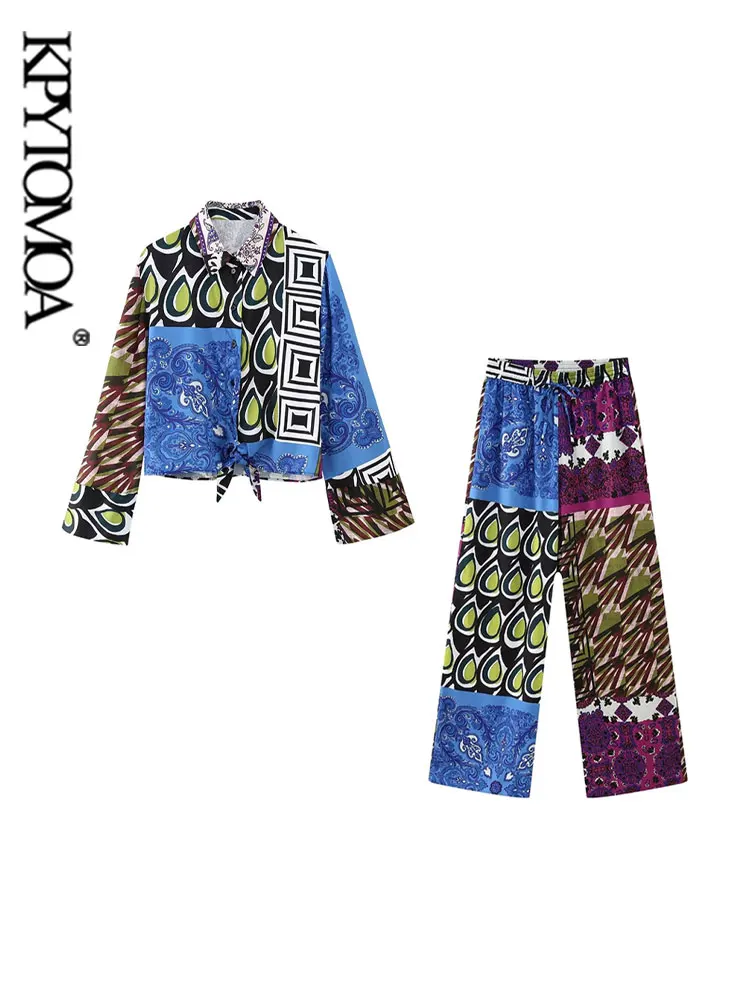 

KPYTOMOA Женская мода с узелком лоскутный принт блузки и средняя эластичная талия широкие брюки женские комплекты из двух частей Mujer