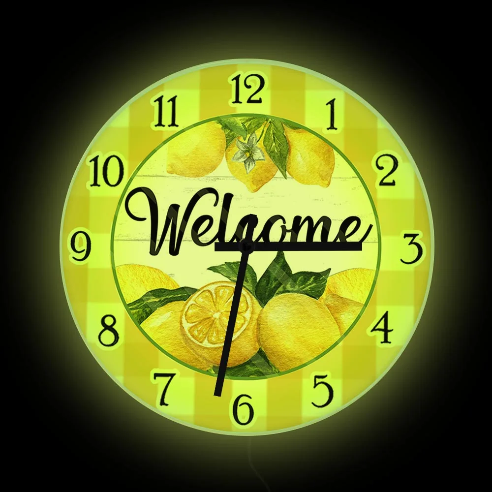 

Lemons And Yellow Check Round Kitchen Fruit Wall Clock Welcome Sign Summer Home Decor White Splat Dinning Room Silent Wall Watch